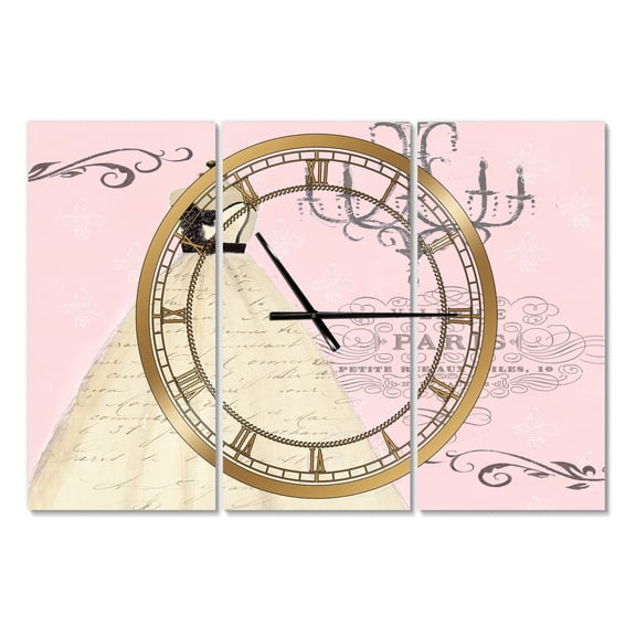 French chandeliers Couture II' Glam 3 Panels Oversized Metal Clock - 36 in. wide x 28 in. high - 3 panels