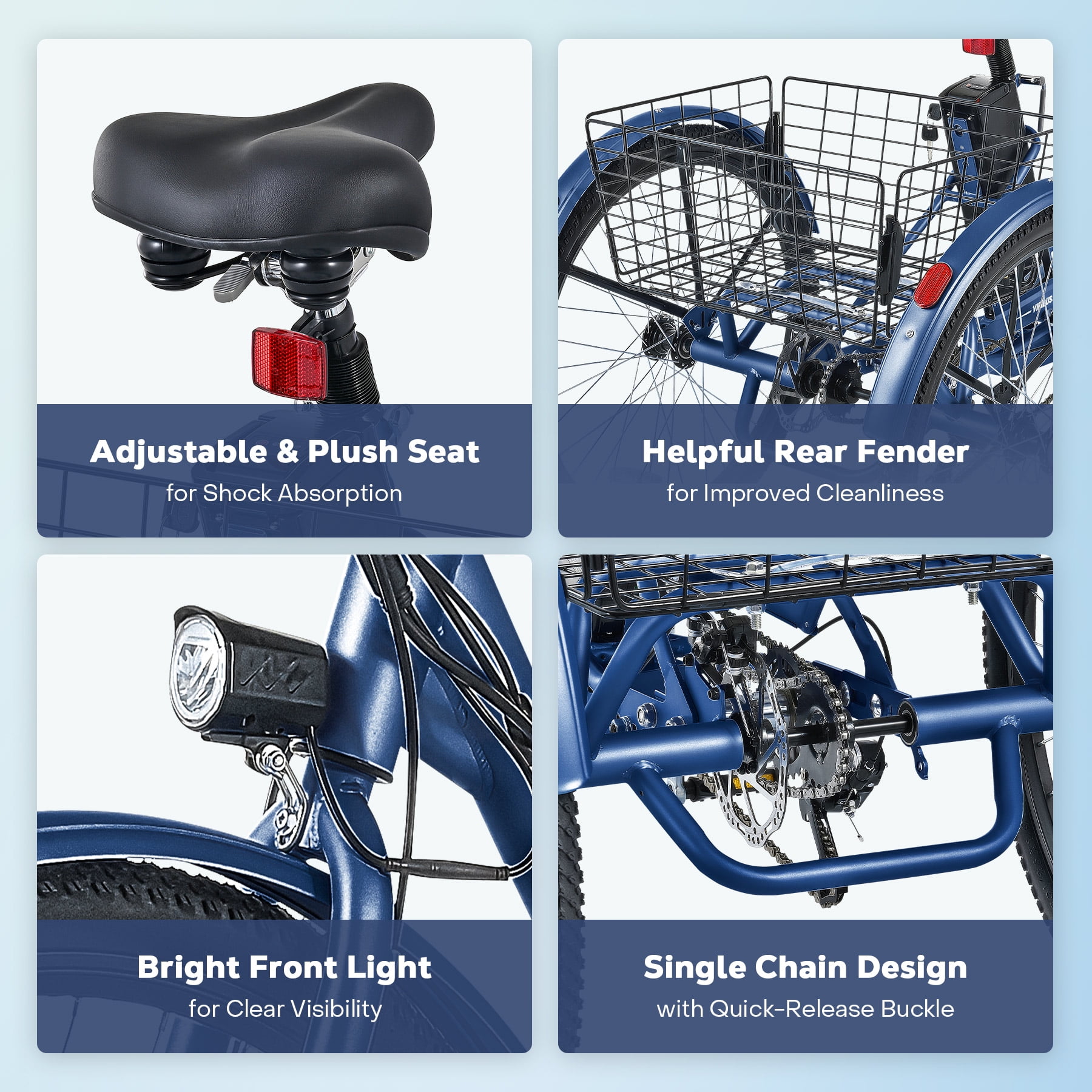 Viribus 26" 350W Electric Tricycle for Men Women with 7 Speeds 36V 13Ah Battery UL 2271 Blue