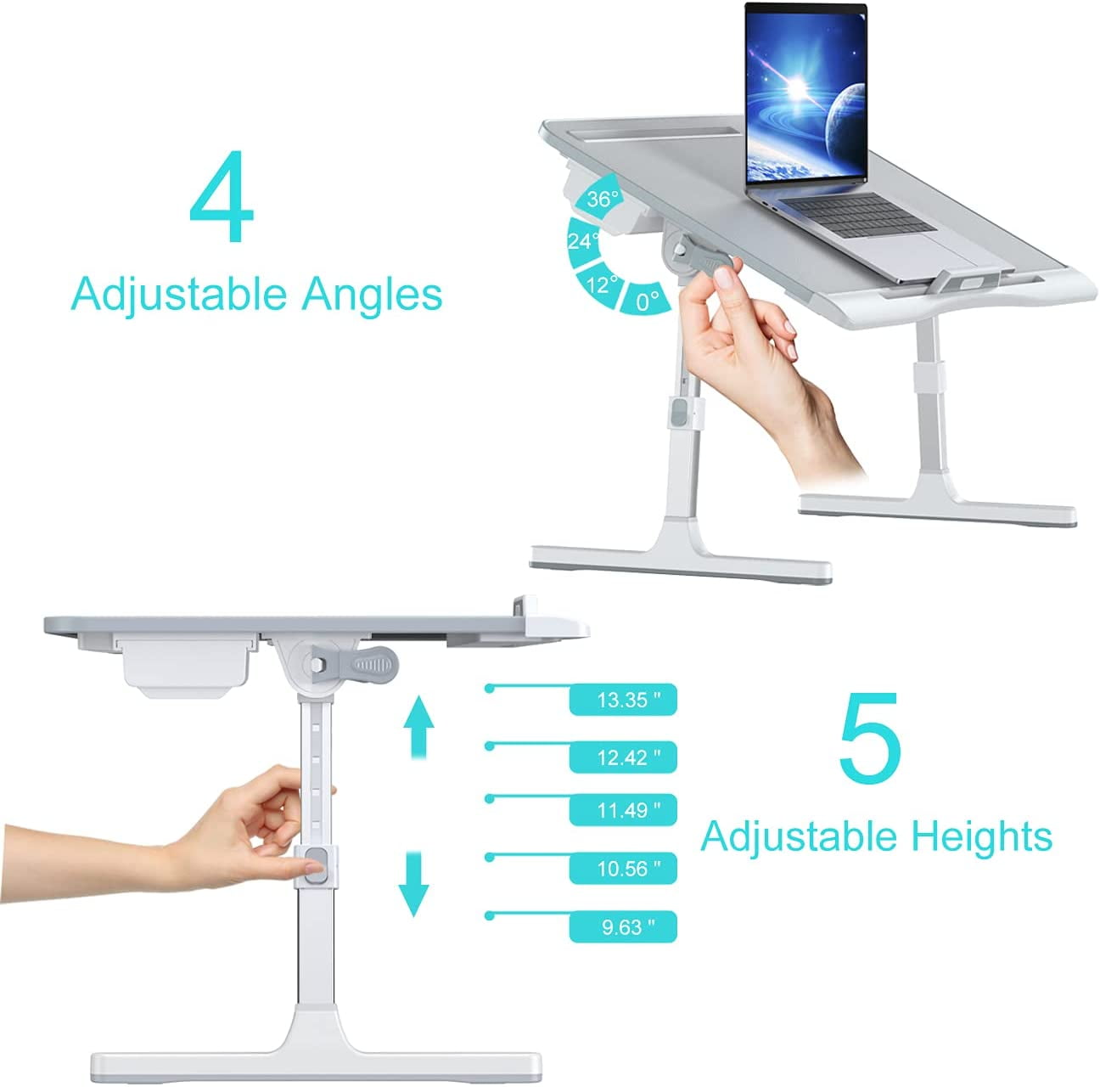 Laptop Bed Tray Desk, Foldable and Adjustable Lap Table with Heights and Angles, Upgraded-Sturdy Laptop Lap Desk for Bed/Sofa/Couch/Floor (2 Drawers, Grey)