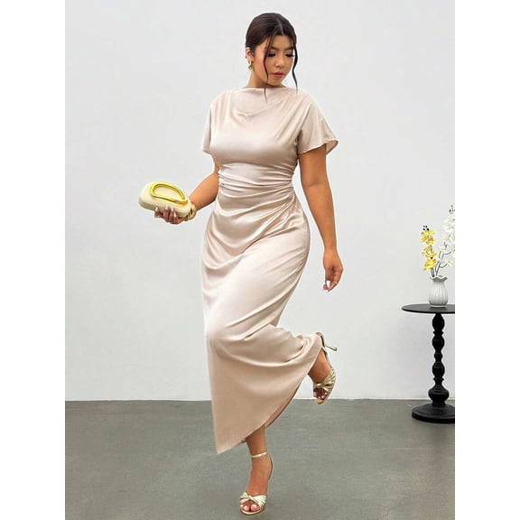 Apricot Plus Size Elegant Draped Sleeve Fitted Long Dress For Women