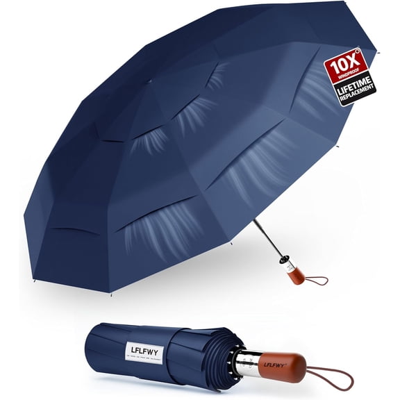 3T Wind Armor Travel Umbrella Compact Easy Auto Open Close Folding Umbrellas for Rain Windproof Umbrella for Women and Men Durable Real Wood Handle Portable Fits Backpack Car