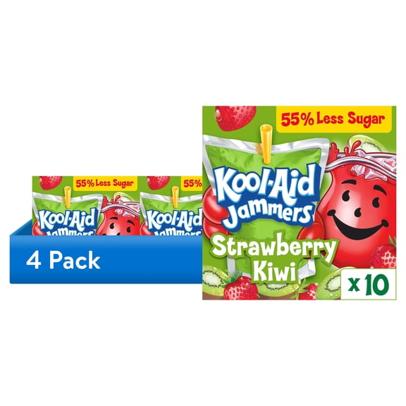 (4 pack) Kool-Aid Jammers Artificially Flavored Drink, 10 Pouches, for School Lunches and On-the-Go Hydration, Strawberry Kiwi Flavor, Excellent Source of Vitamin C, 6 fl oz