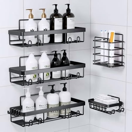 Shower Caddy Bathroom Organizers Black Shower Shelves for Inside with Soap Caddy & Toothbrush Holder Stainless Steel Wall Rack Baskets Adhesives Mounted(5 PCS)