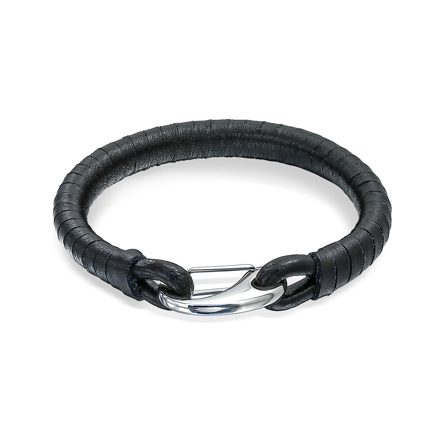 vintage style bracelet  black braided flat leather wrap sterling silver bangle 