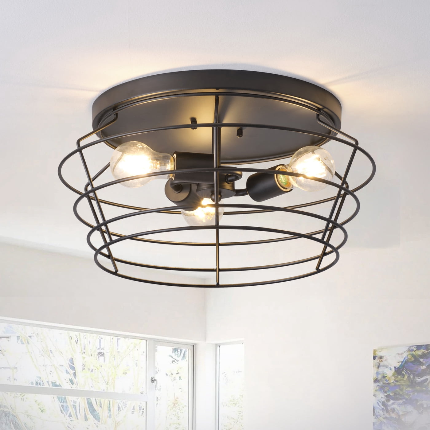 3-Light Industrial Ceiling Light,Matte Black Close to Ceiling Light, Retro Semi Flush Mount Ceiling Light Fixture