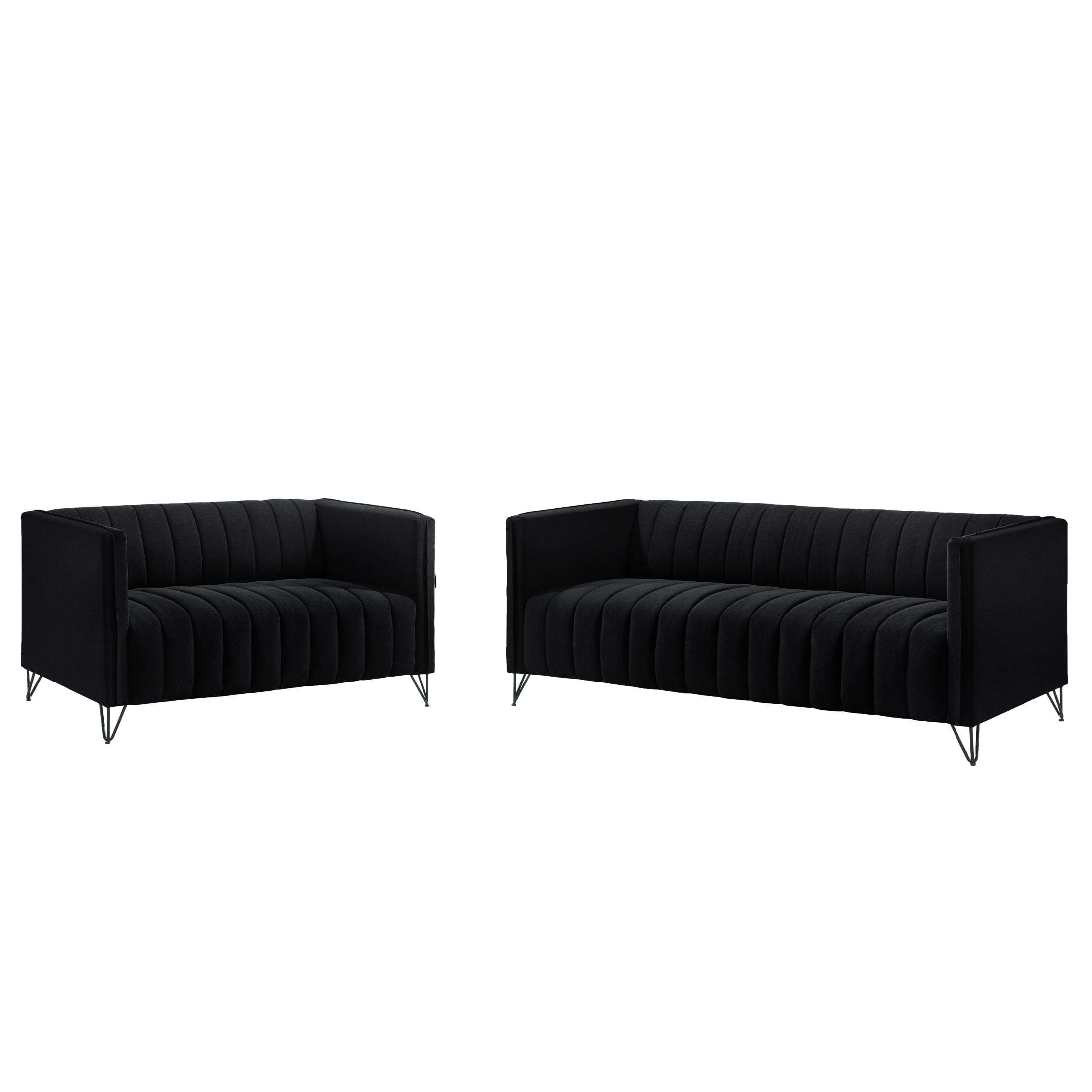 Home Design Kurtis 2-Piece Living Room Set with Square Arm Loveseat and Sofa, Channel-Tufted Upholstery, Black