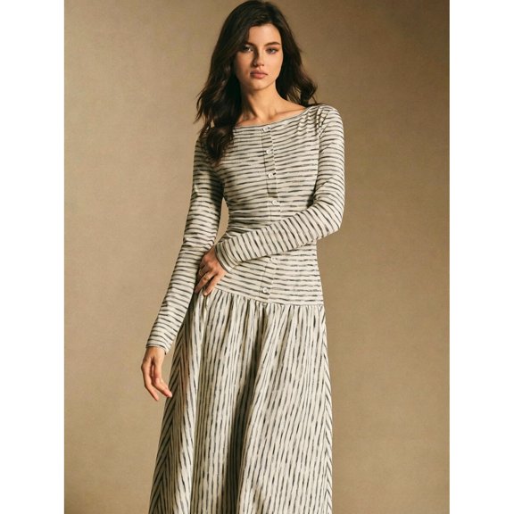 Women's Boat Neck Long Sleeve Button Front Tiered Midi Dress Elegant Casual Dress