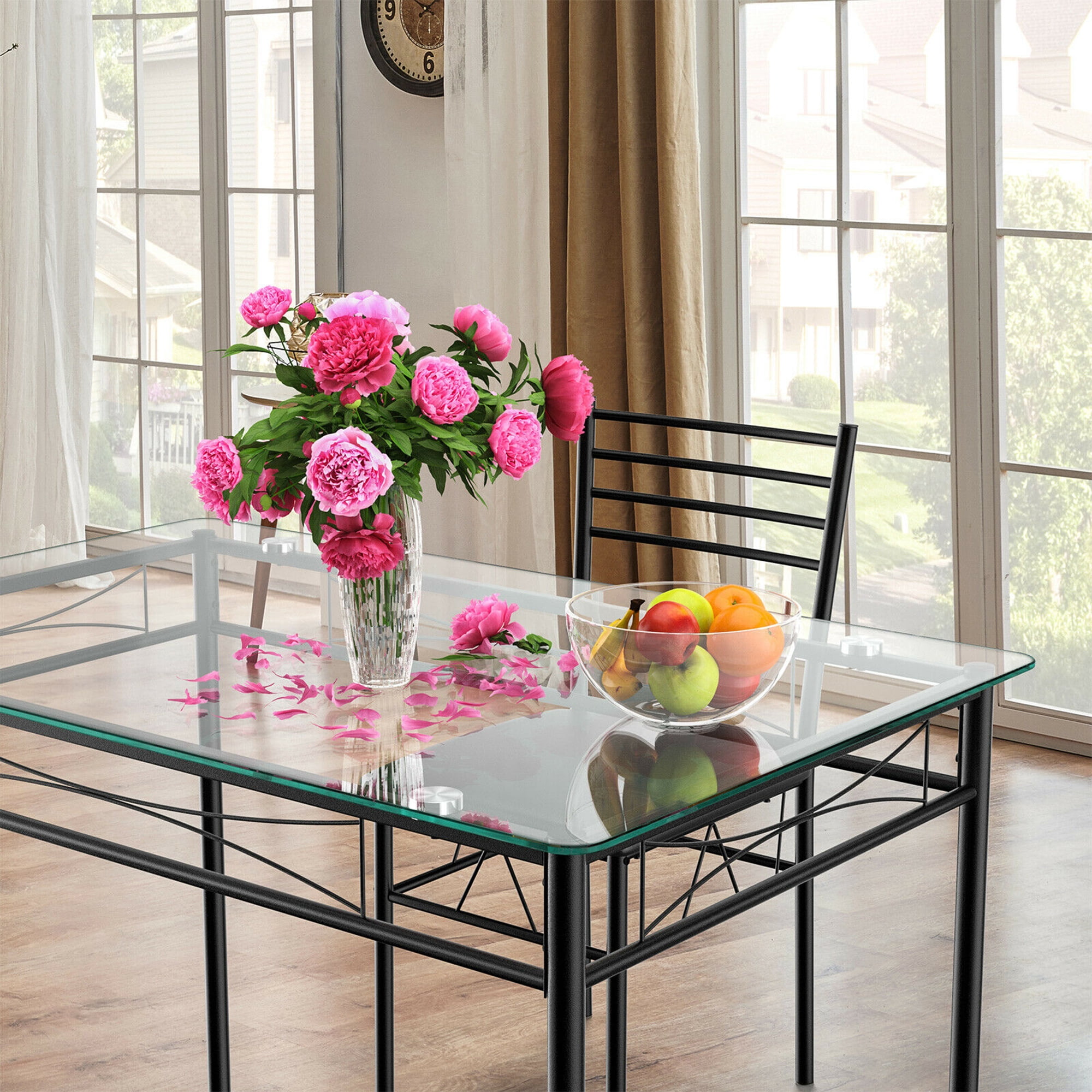 Gymax 5 Piece Dining Set Glass Top Table & 4 Upholstered Chairs Kitchen Room Furniture