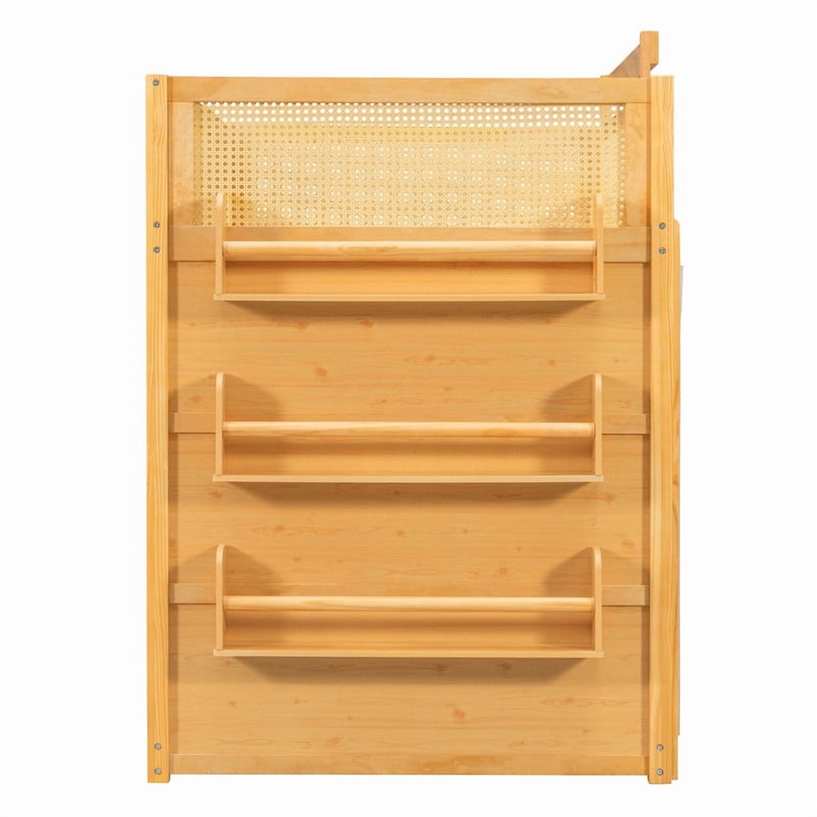 Twin-Over-Twin Bunk Bed with Bedside 3-Tier Storage Bookshelf, Teens/Kids Rattan Guardrail Bed Frame with Curtain & Light