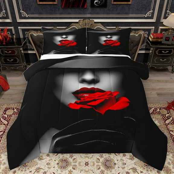 Homewish Teens Female Red Floral Rose Bedding Comforter Set 2pcs,Romantic Lover Couple Twin Comforter Sets Microfiber,Happy Valentine's Day Breathable Bedding Set,Ultra Soft Home Decor,Reversible