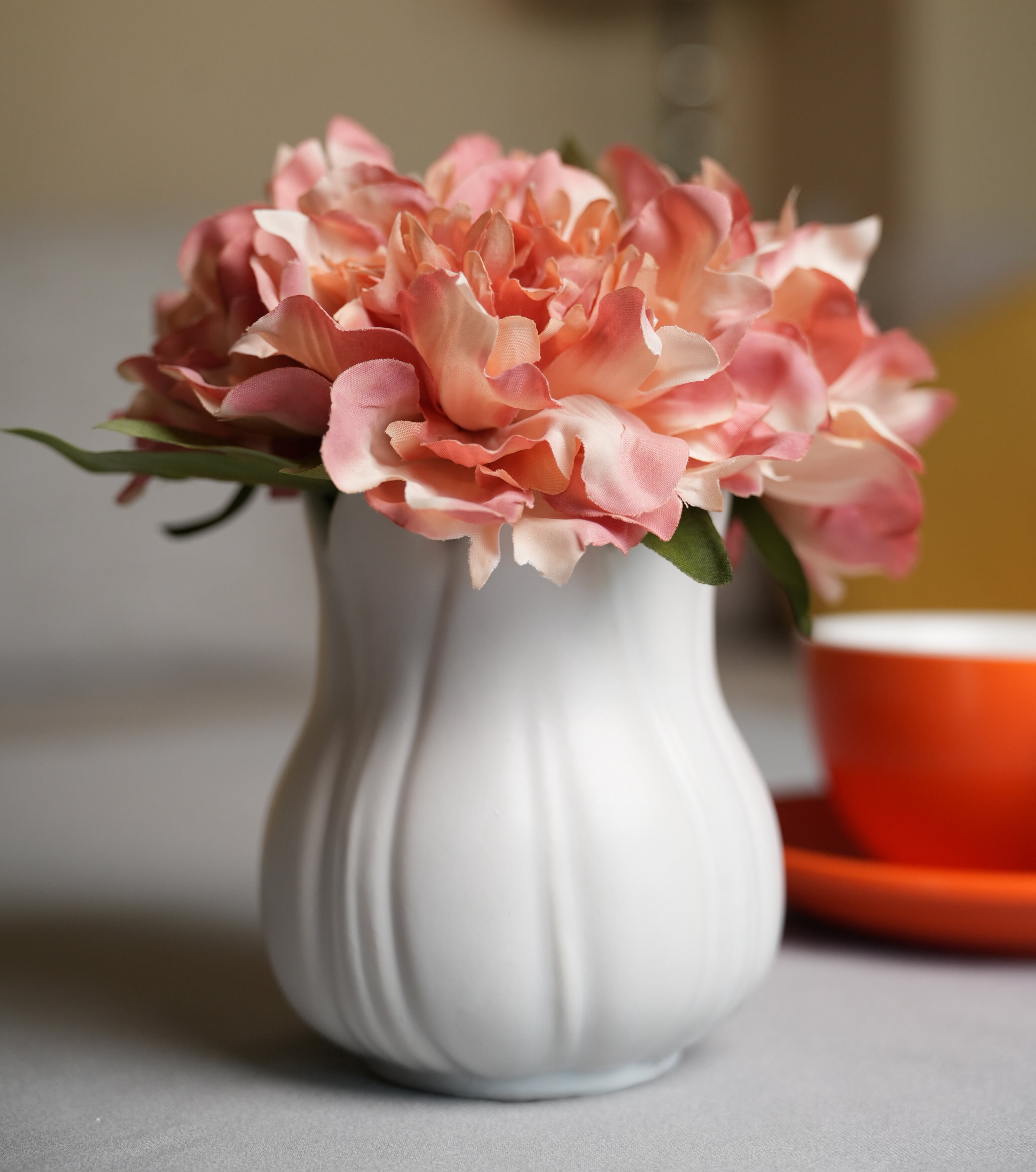 Mainstays 7.5" Artificial Peony Flowers in White Ceramic Tulip Pot – Faux Floral Arrangement for Tabletop Decor, 1 lb