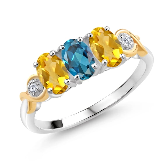 Gem Stone King 1.52 Ct Oval London Blue Topaz Yellow Citrine 925 Silver and 10K Yellow Gold G-H Lab Grown Diamond Women Ring (Size 8)