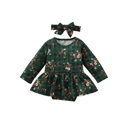 

Baby Girl Romper Outfits Plaid Floral Pattern Bodysuit Bow Headband