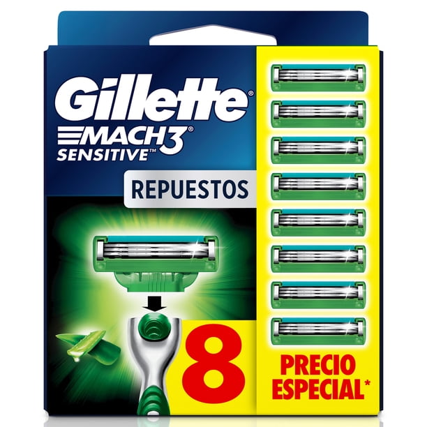 Rastrillo Gillette Mach3 Sensitive 8 Repuestos con Aloe, Piel Sensible