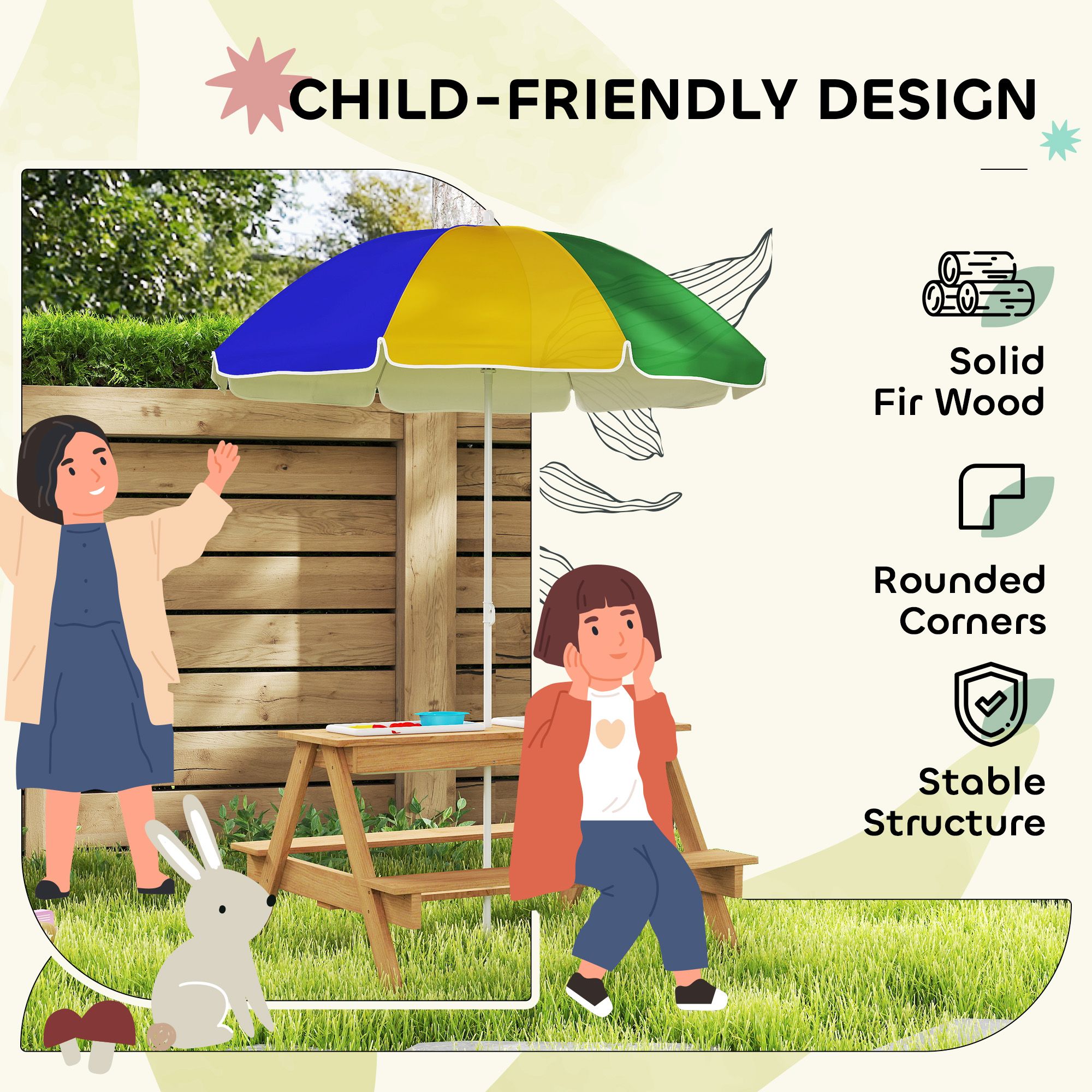Wooden Outdoor Kids Picnic Table with Removable Umbrella, Children Sand and Water Activity Table for Patio, Mixed Color