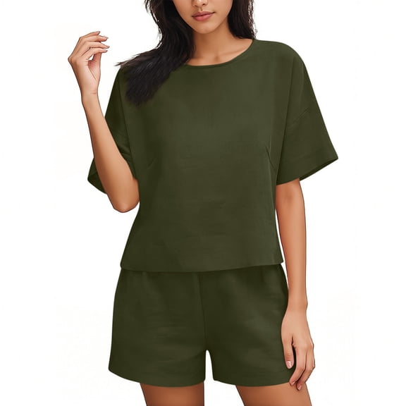 hoksml Women's Short Sleeve Linen Cotton 2 Piece Short Sets, Summer Beach Outfits, Crew Neck Crop Top and Shorts