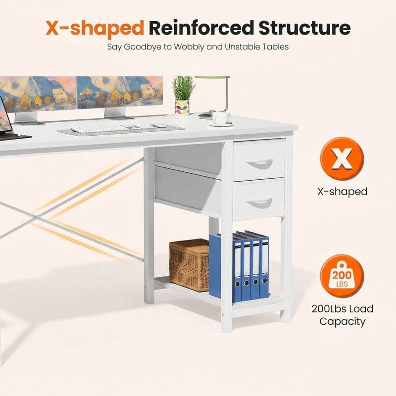 Kelno 40 Inch Computer Desk with 2 Fabric Drawers Home Office Work Table with Side Hook Adjustable Storage Shelf, White