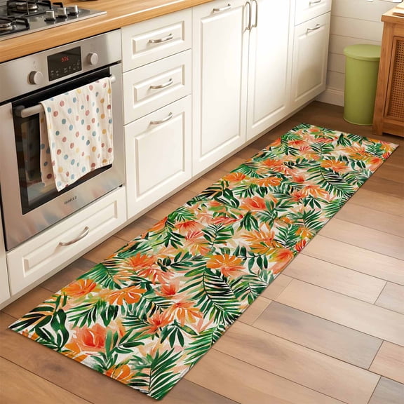 2'x6' Rug Runners for Hallways Kitchen, Orange Green Palm Leaves Non Slip Entryway Beside Floor Carpet Runner, Summer Tropical Floral Washable Laundry Room Bedroom Throw Rugs Mat for Family Pet