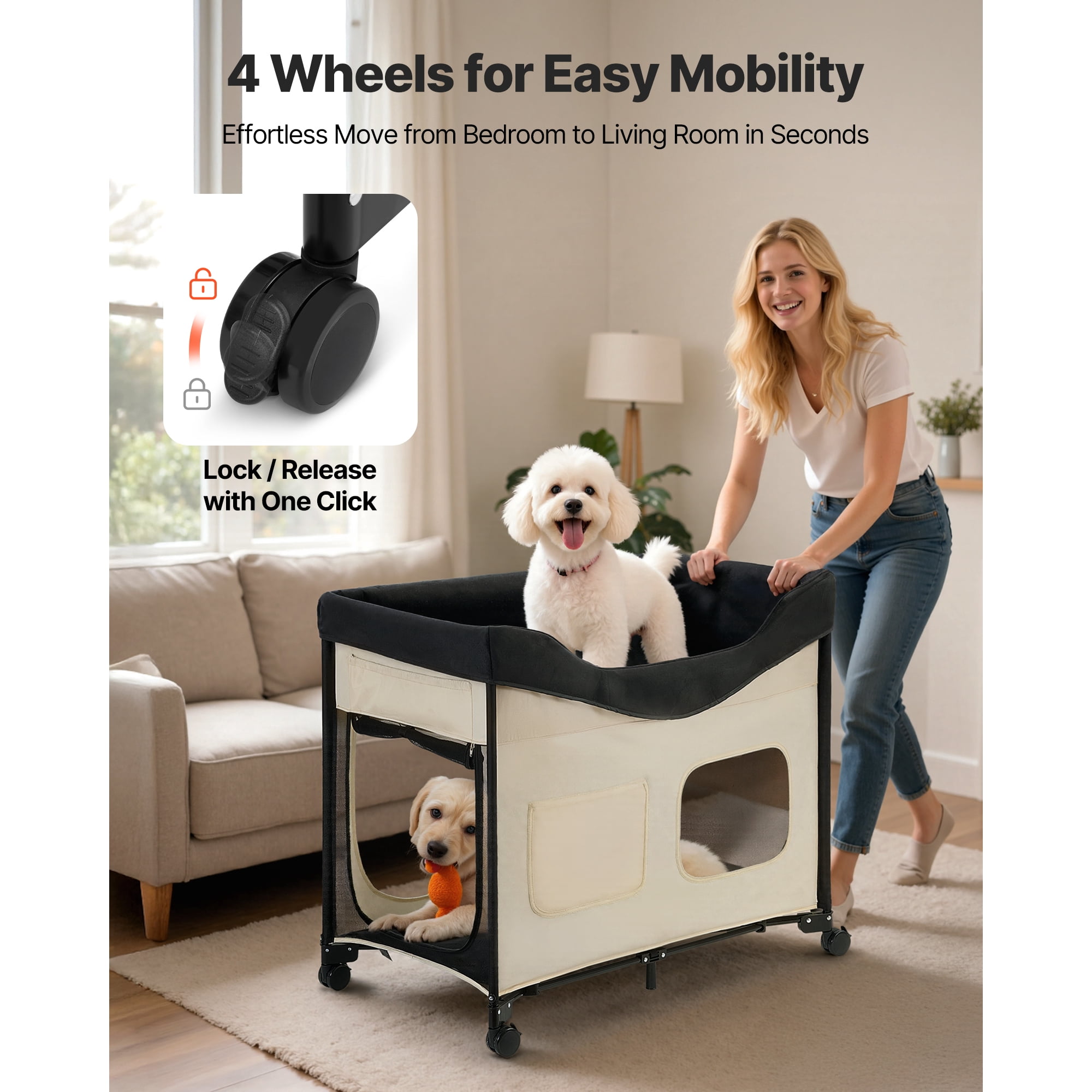 KFFKFF Double-Layer Pet Bed with Wheels, Foldable Dog Bed with Durable Oxford Cloth, Soft Velvet, Side Storage Pockets, and Storage Bag,34" X 22"