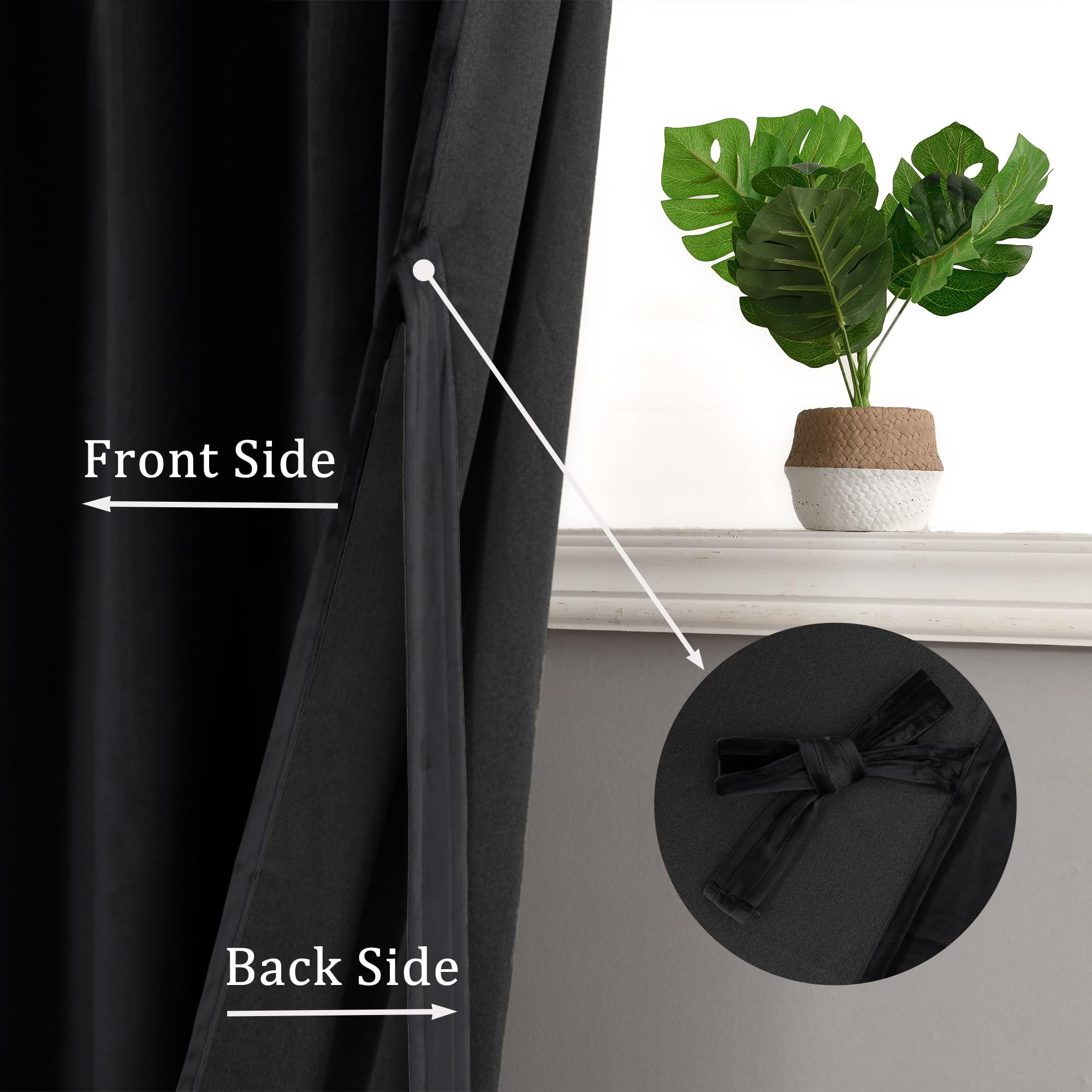 Hiasan Luxury Velvet Curtain with Tiebacks-Blackout Curtains for Bedroom/Living Room, Black, Rod Pocket, 52" x 84", Set of 2