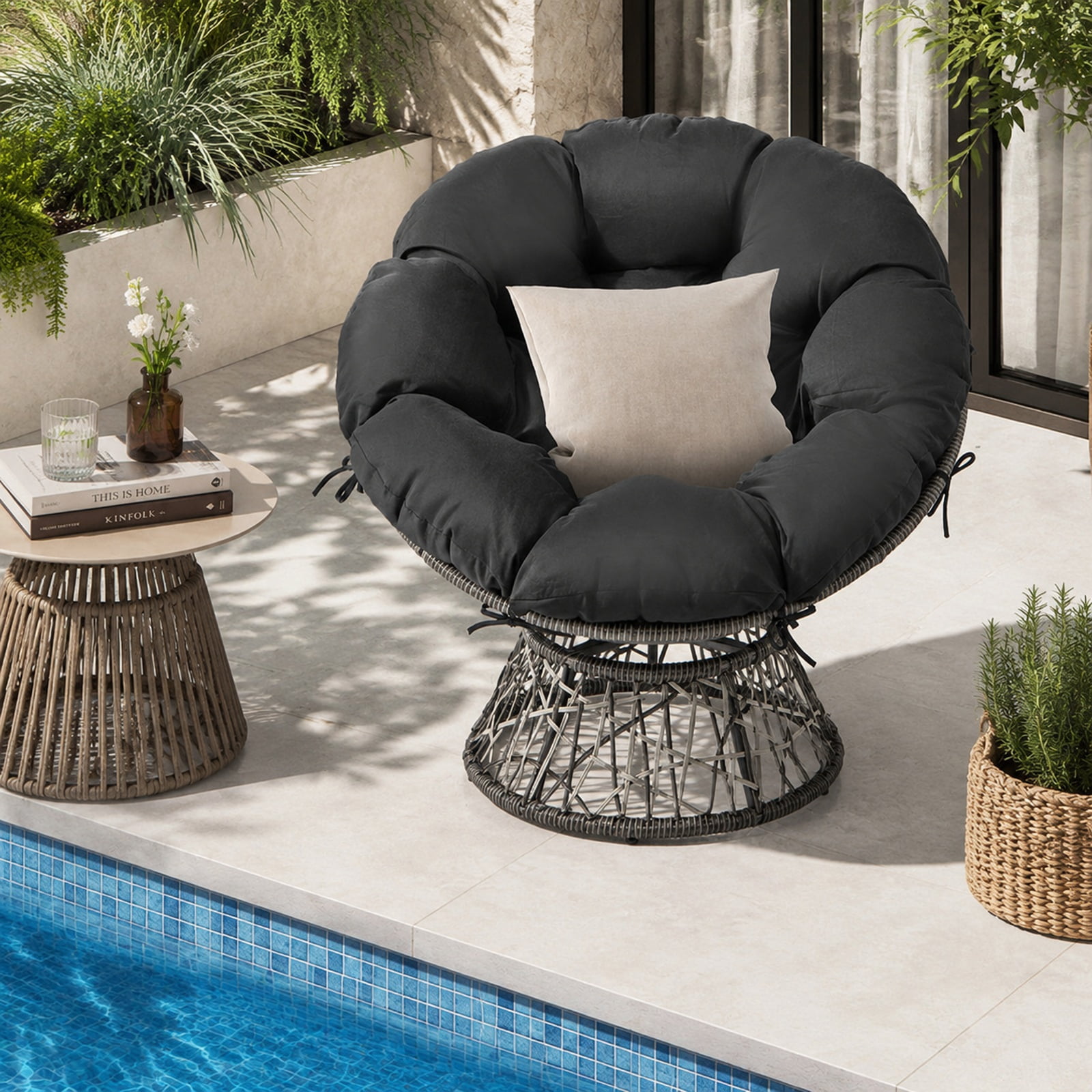 Furnibear PE Wicker Papasan Chair with Thick Removable Cushion 360 Degree Swivel Base and Metal Frame for Living Room and Sunroom, Black