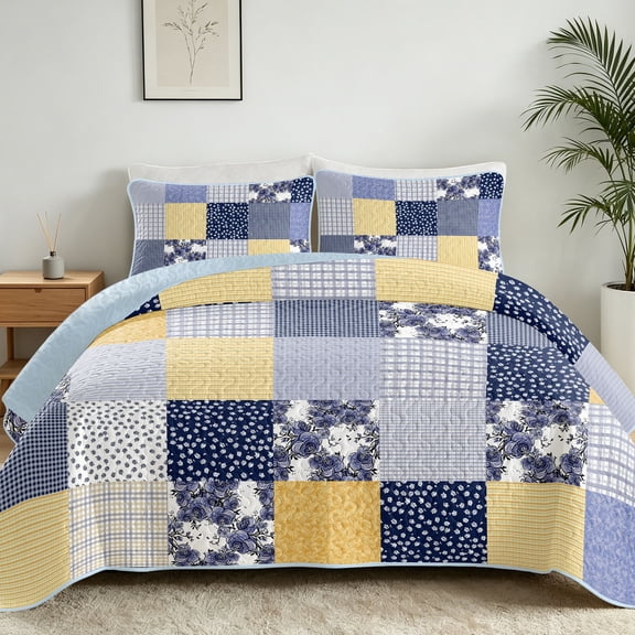 Davulos Floral Patchwork Quilt Set King Size,3 Pieces Blue Yellow Lightweight Bedspread with Pillow Shams,Reversible Bed Cover Farmhouse Bedding Set for All Season
