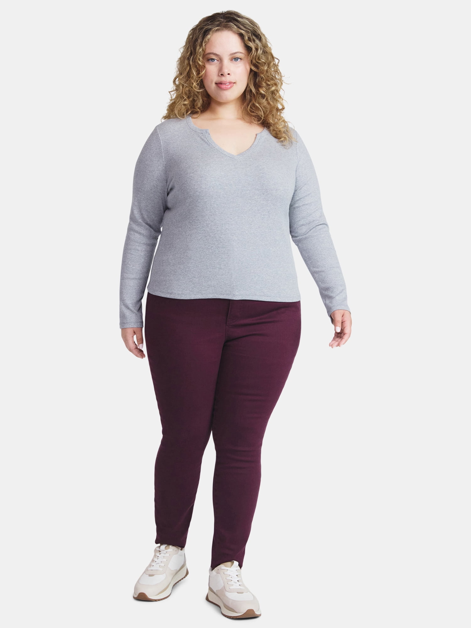 Terra & Sky Women's Plus Long Sleeve Notch Neck Top