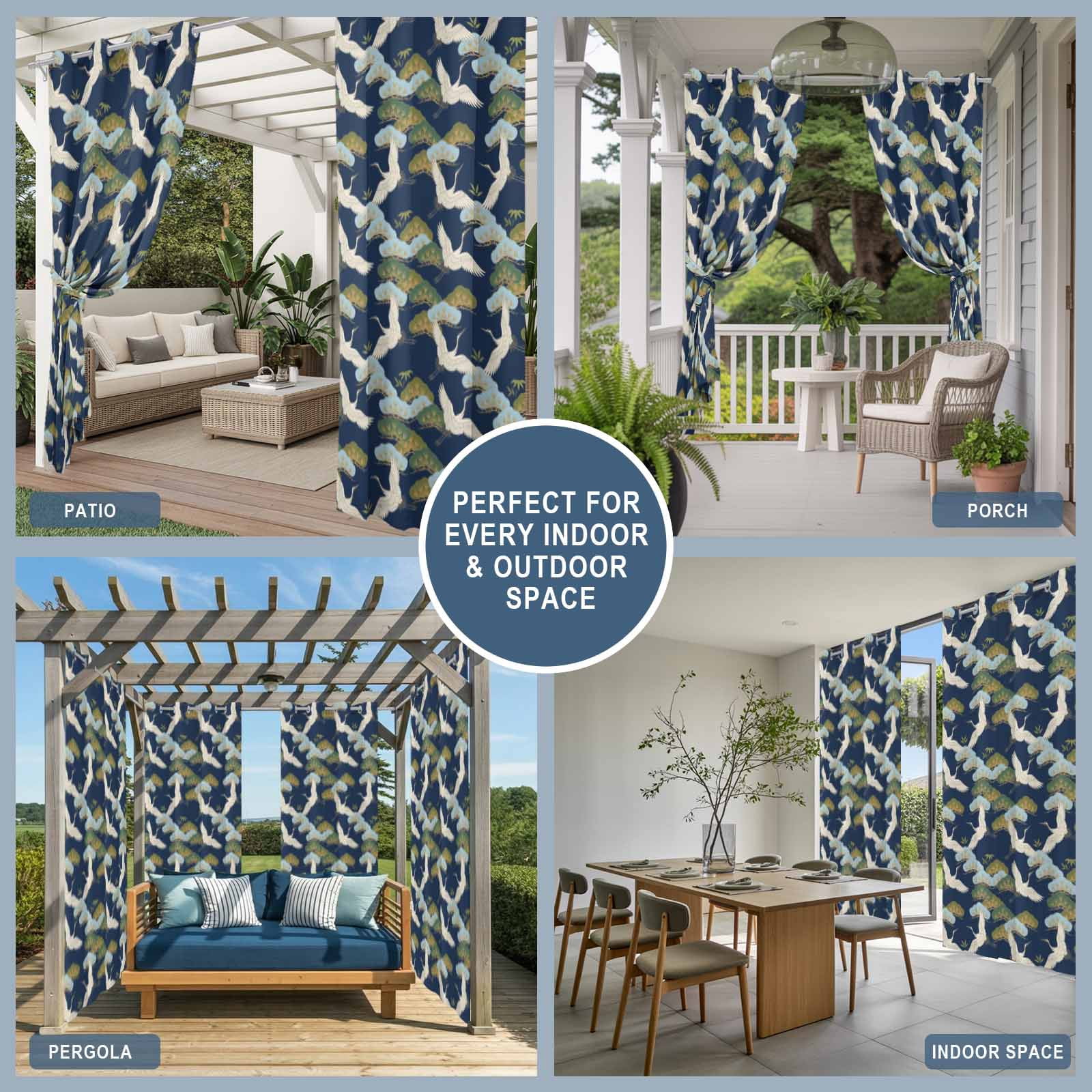 Flying Cranes Outdoor Curtains for Patio, Gold Pine Branches Navy Blue Background Sunshade Privacy Drapes Grommet Waterproof Outside Curtains for Porch/Cabana/Balcony 54"x 108", 1 Panel
