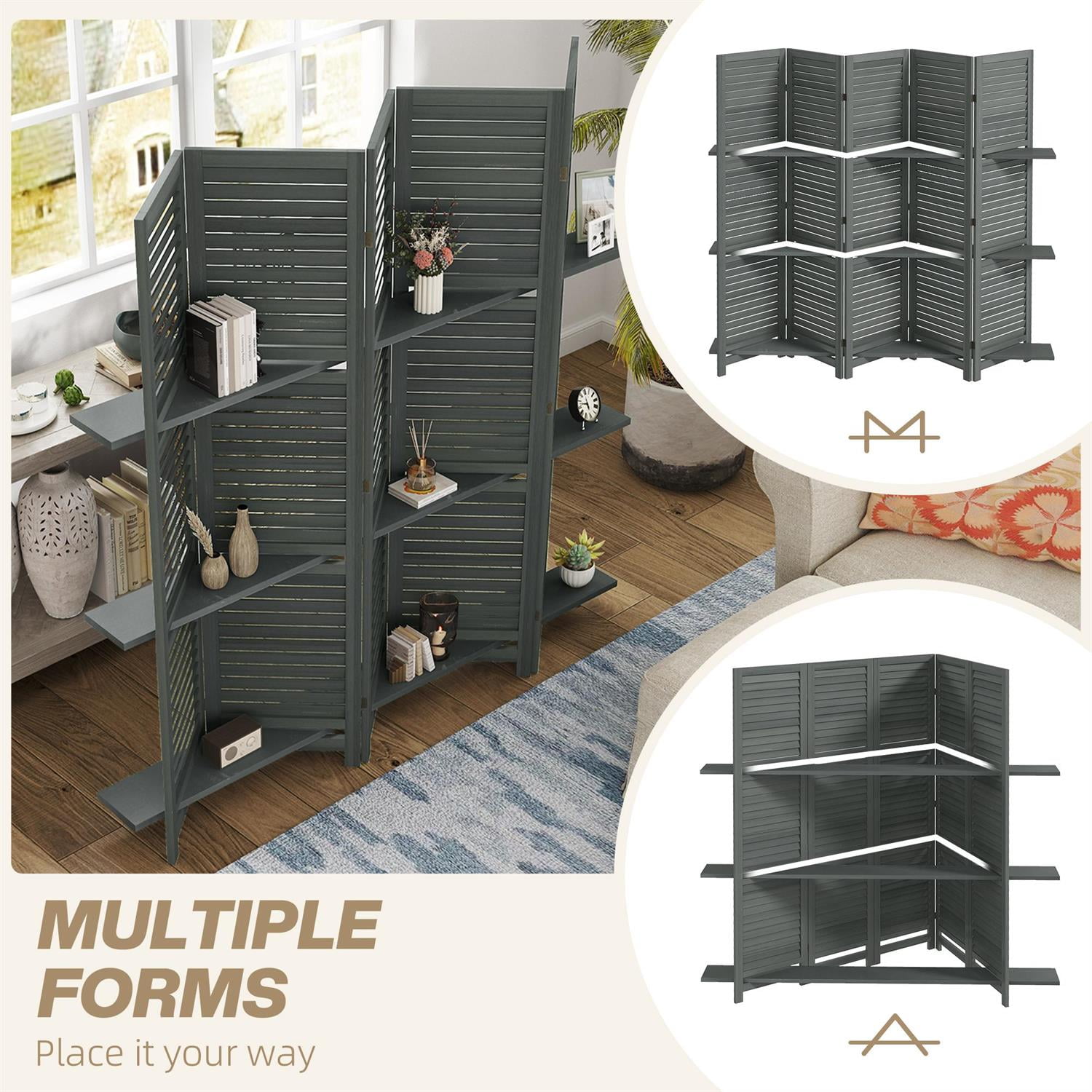 Demi Bonn 67" Tall Wood Privacy Screen Room Divider with 5 Panels, 3 Shelves, Folding Storage for Bedrooms, Gray