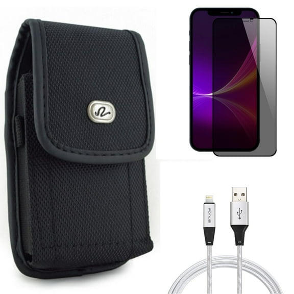 Case Belt Clip & Privacy Screen Protector & 10ft USB Cable for iPhone 13 Pro Max ONLY - Rugged Holster Canvas   Tempered Glass Curved Anti-Spy   Charger Cord Power Wire Combo