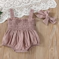 thumbnail image 2 of Infant Baby Girls Summer Elastic Jumpsuit Outfit Solid Color Ruched Casual Sleeveless Suspender Rompers Apricot 3-6 Months, 2 of 7