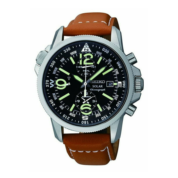 Seiko Men's SSC081 Solar Chronograph Black Dial Brown Leather Band Compass  Alarm Watch 