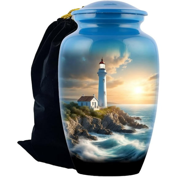Lighthouse Cremation Urn - Sunset Funeral Urn for Human Ashes - Hand Made in Aluminum - for Large Size for Adults up to 200 lbs  Blue
