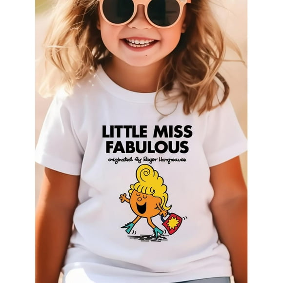Little Miss Fabulous Cartoon Printed Tee for Girls, Casual Crew Neck Short Sleeve T-Shirt, Polyester Elastane Knit Top, Comfortable Slight Stretch Summer Wear for Ages 1-8