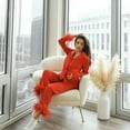 thumbnail image 4 of Munlar Robes For Women,Christmas Loungewear For Family,Women Sexy Casual Turn Down Neck Solid Feather Full Sleeve Button Pants Suit Homewear Pajamas, 4 of 6