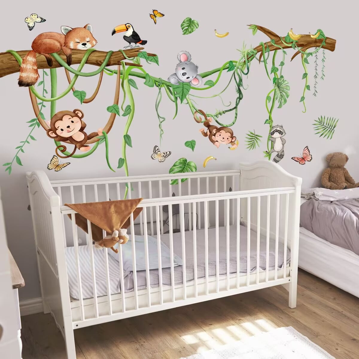 Monkey Climbing Tree Wall Decals Jungle Animals Wall Stickers Removable Vinyl Wall Art Sticker for Girls Baby Nursery Kids Bedroom Living Room Bathroom