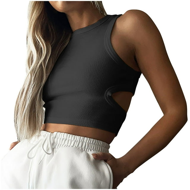 Plebaso Ribbed Tank Tops for Women Open Back Slim Crop Sleeveless Tees Cutout Knit Womens Casual Shirts