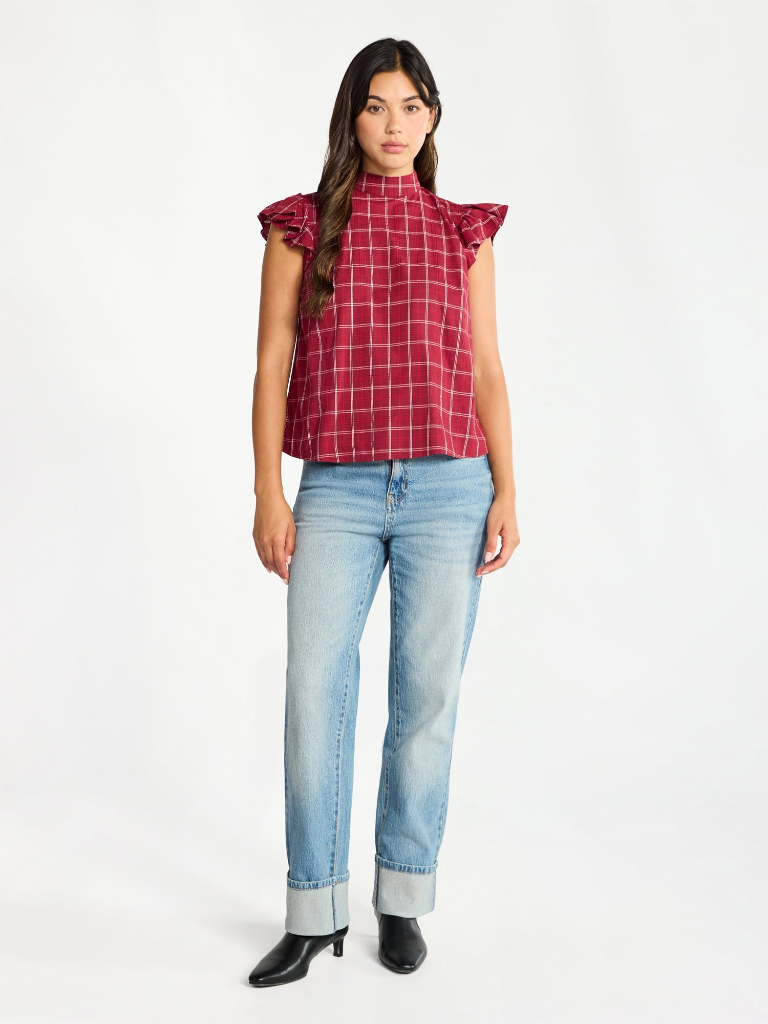Time and Tru Women's Mock Neck Top with Flutter Sleeves, Sizes XS-XXXL