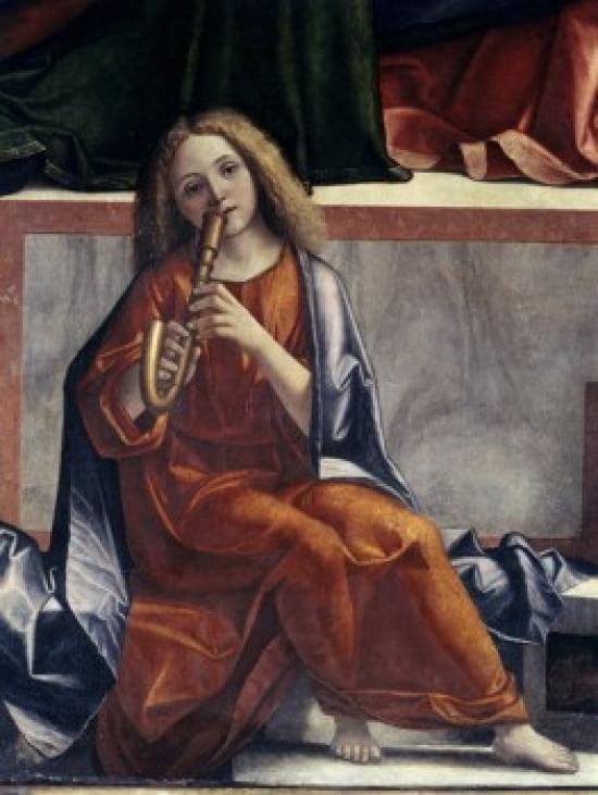 Child with Wind Instrument (Detail from The Presentation of Jesus in the Temple) 1510 Vittore Carpaccio (ca1455-1526 Italian) Oil on wood panel Galleria dell Accademia Venice Italy Canvas Art - V