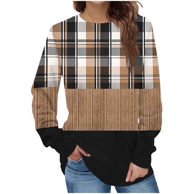 KIHOUT Chandails en Molleton de Mode pour Femmes, Manches Longues Décontractées à Carreaux Patchwork Col Rond Ample Blouse Chandail Tops, Taille P-2TG