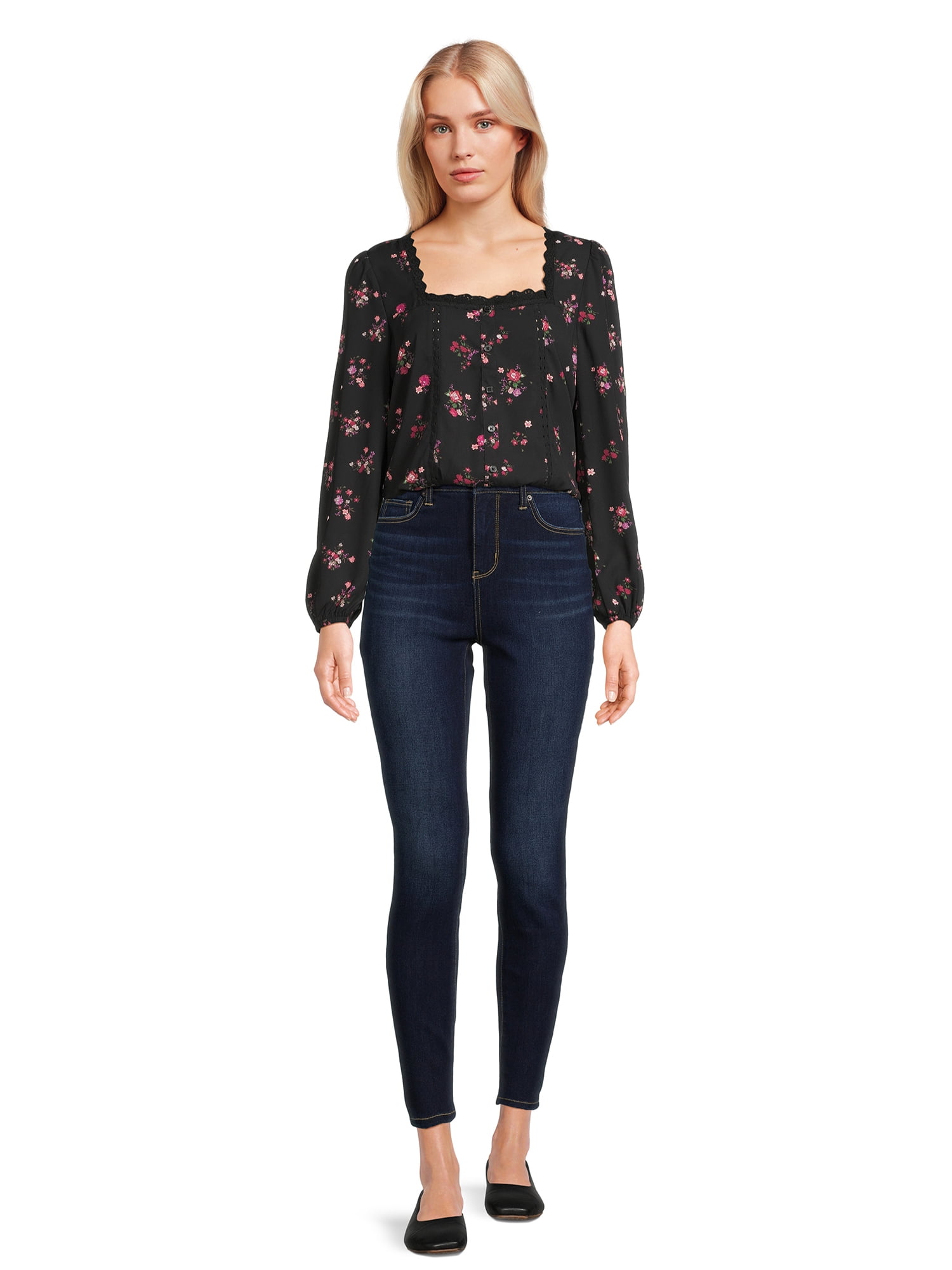 Self Esteem Juniors Square Neck Lace Trim Top with Long Sleeves, Sizes S-XL