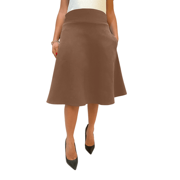 A-Line Flare Skirts for Women - Skater Midi Skirt with High Waist & Pockets(Taupe,Large)