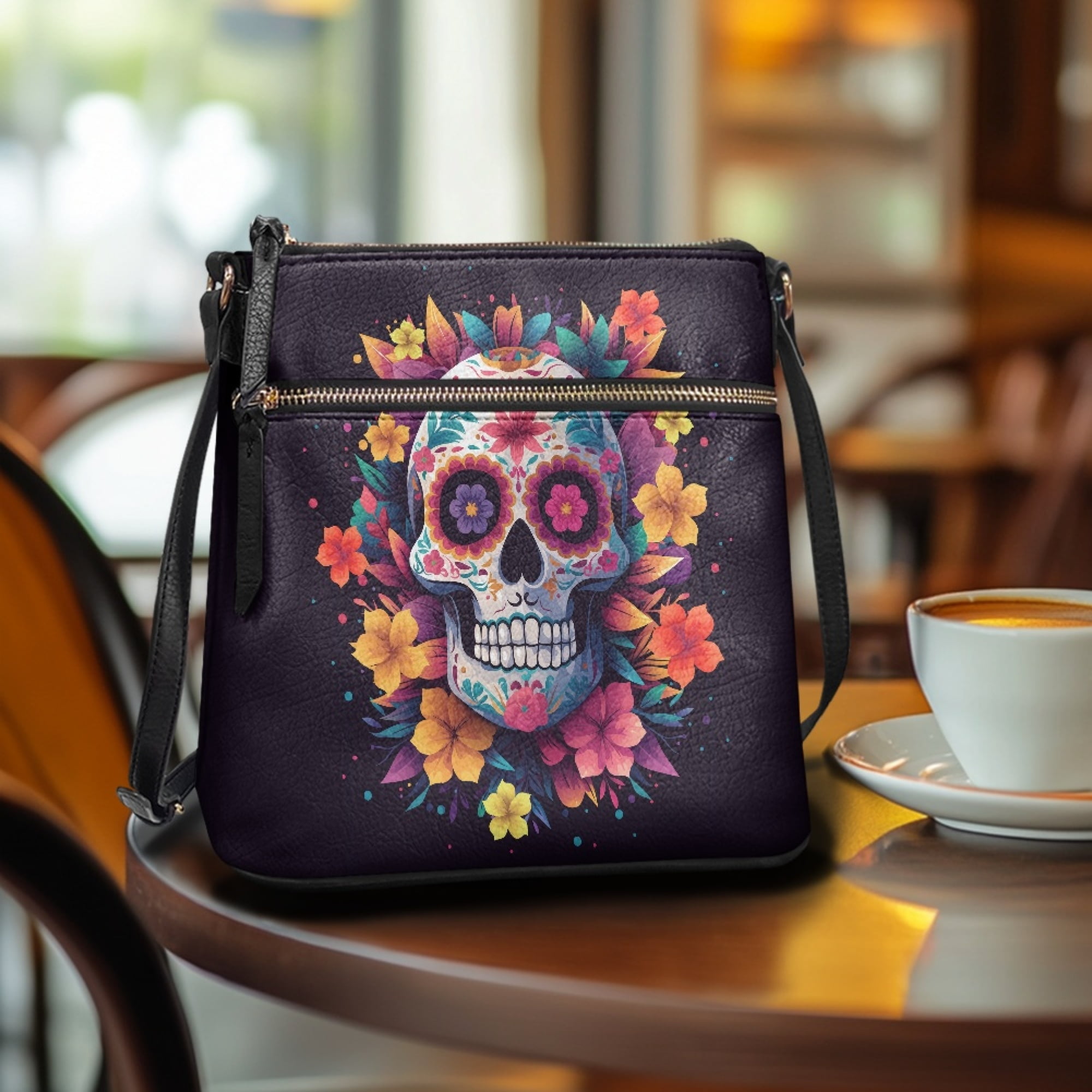 Kuiaobaty Skull Flower Print Crossbody Bag for Women. Zipped Pockets Portable Leather Satchel Purse with Adjustable Strap, Day of The Dead Hobo Handbag Crossbody for Travel & Shopping
