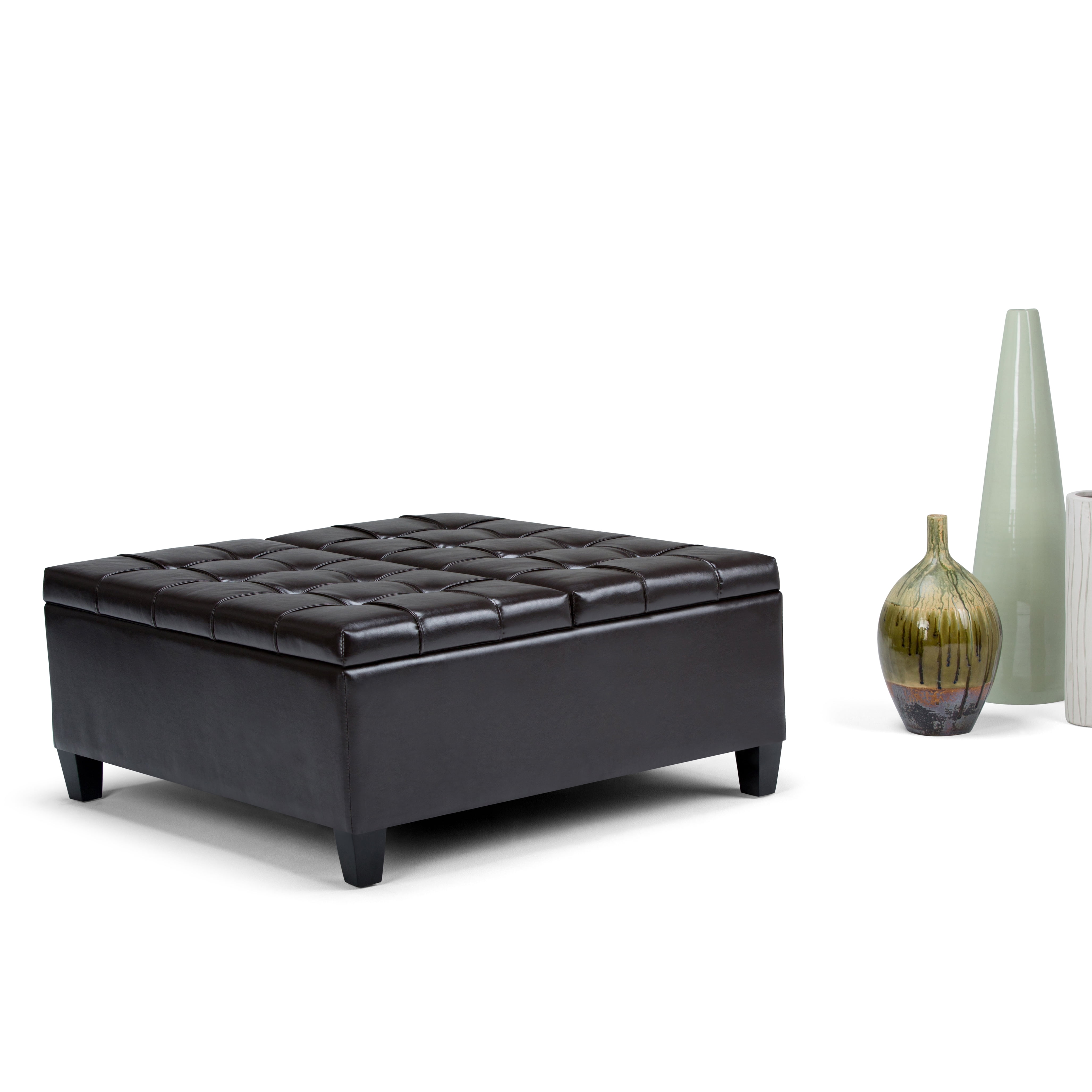 Harrison 36 inch Wide Transitional Coffee Table Storage Ottoman in Tanners Brown Vegan Leather