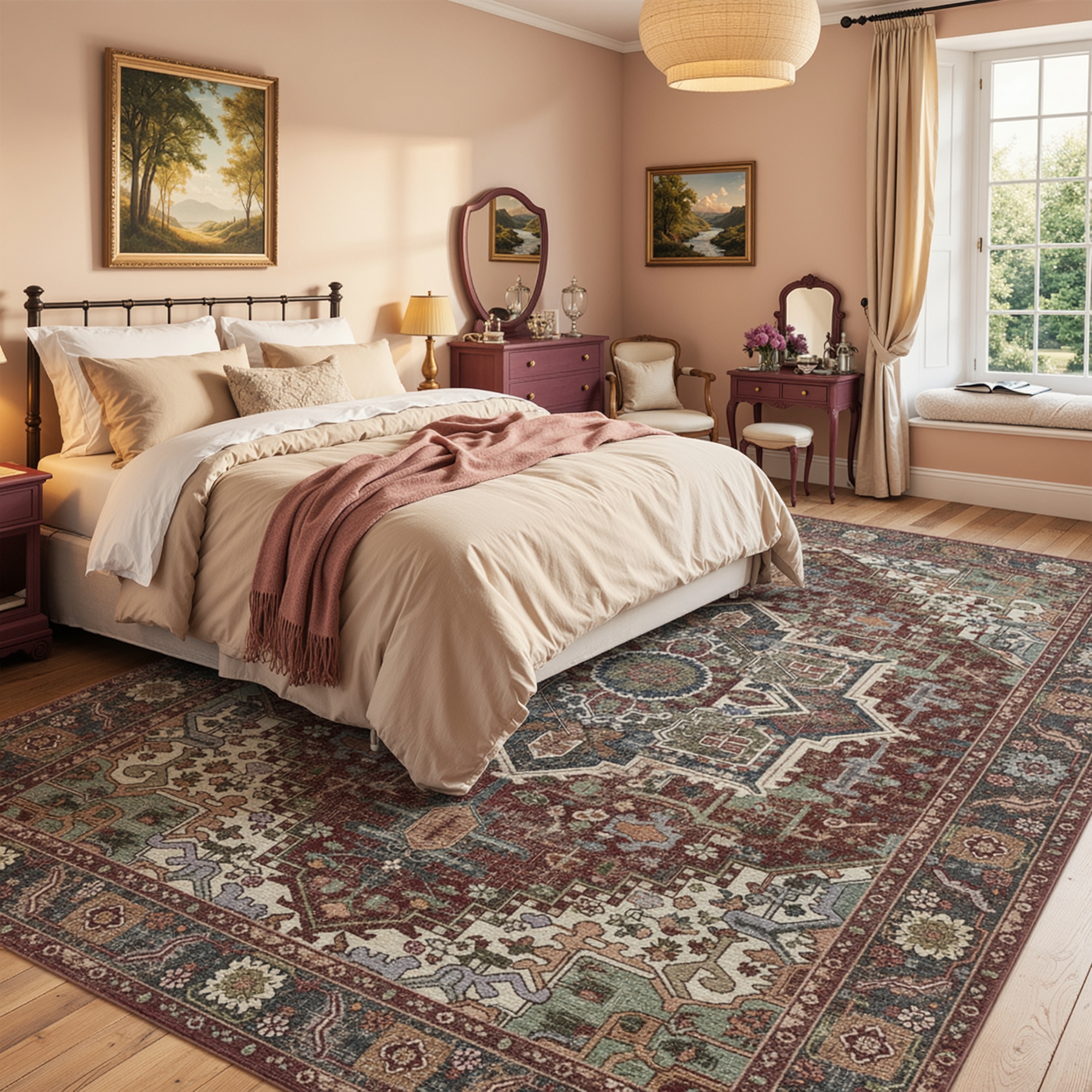 Kokia 9x12 Vintage Oriental Area Rug for living Room, Maroon Low Pile Stain Resistant Non-Slip Washable Rug for Bedroom with Distressed Medallion Pattern