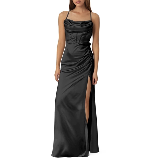 Robe Maxi Aguichant en Satin pour Femmes, Bretelles Rehausseur, Robe Longue Froncée pour Soirée