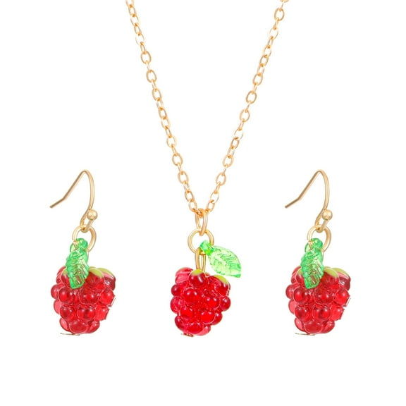 Raspberry Shaped Alloy Jewelry Set Fruit Necklace and Earrings for Daily Outfit