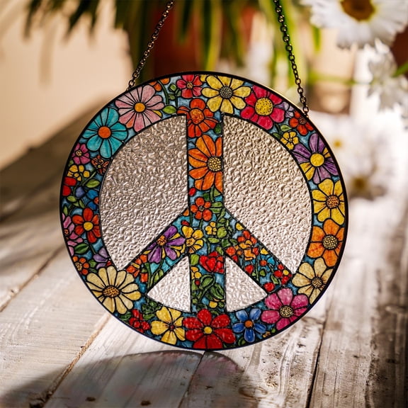 Floral Peace Sign Glass Suncatcher, Boho Window Hanging, Hippie Gift, Colorful Flower Panel, Retro Glass Art Home Decor