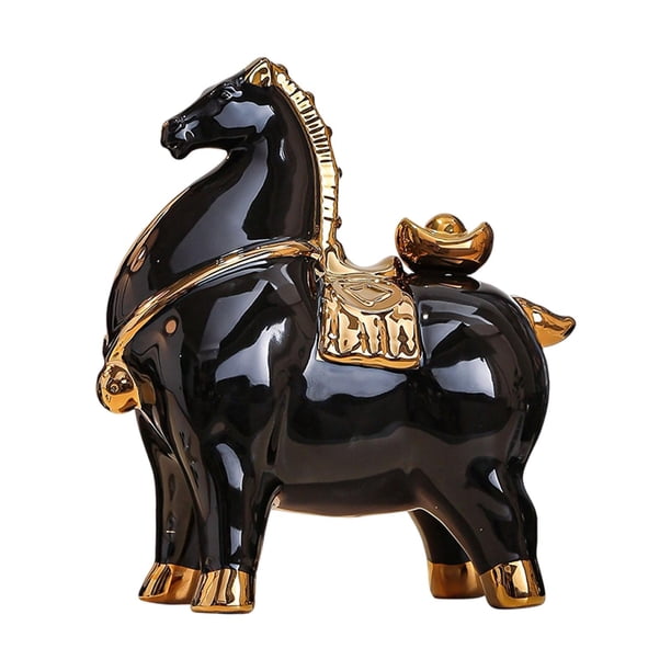 Figura de caballo, escultura de cerámica, decorativa, de lujo, para escritorio. Caballo negro y dorado