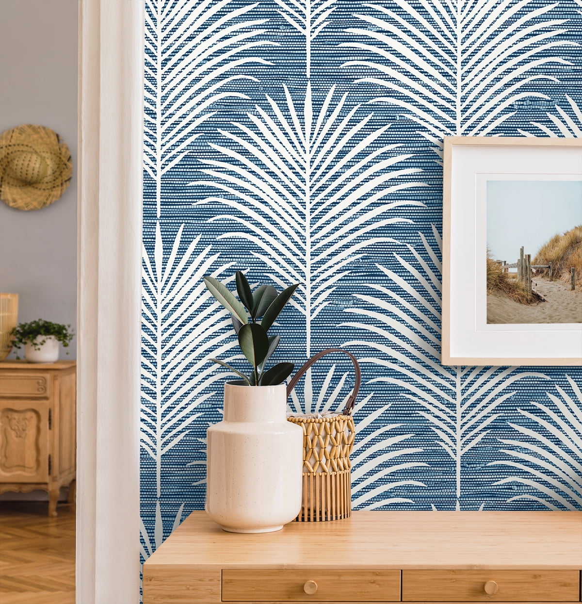 NextWall Blue Lagoon Grassland Palm Peel and Stick Wallpaper